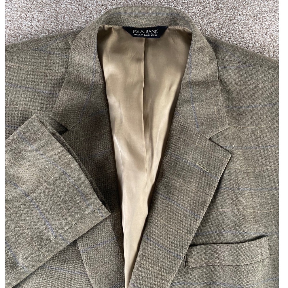 Jos A Bank Mens 48R Silk Wool Blazer Olive Green Windowpane Sport Coat Jacket